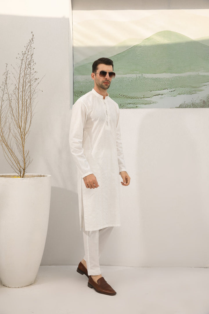 Muraqsh Ready To Wear Embroidered  Men Off White Cotton Embroidered Kurta Trouser Loop Buttons MUR-OWECK - Summer Collection