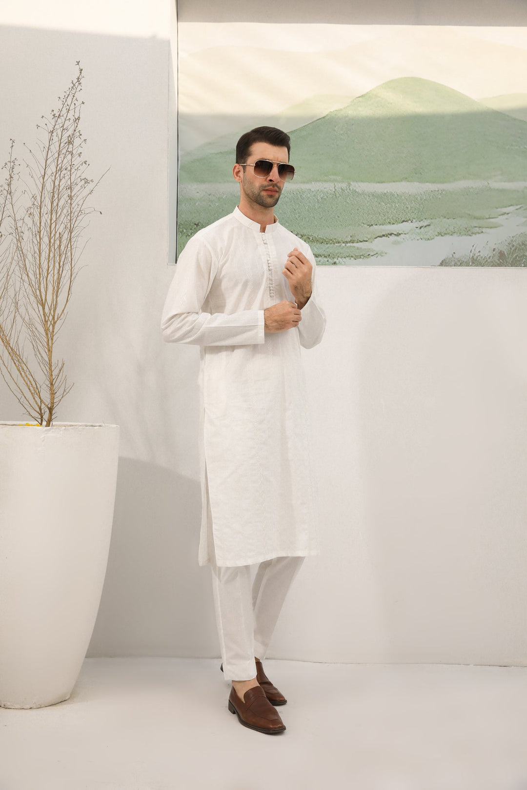 Muraqsh Ready To Wear Embroidered  Men Off White Cotton Embroidered Kurta Trouser Loop Buttons MUR-OWECK - Summer Collection