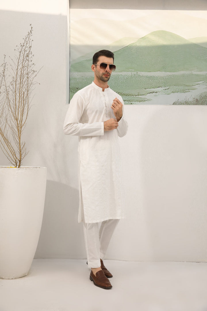 Muraqsh Ready To Wear Embroidered  Men Off White Cotton Embroidered Kurta Trouser Loop Buttons MUR-OWECK - Summer Collection