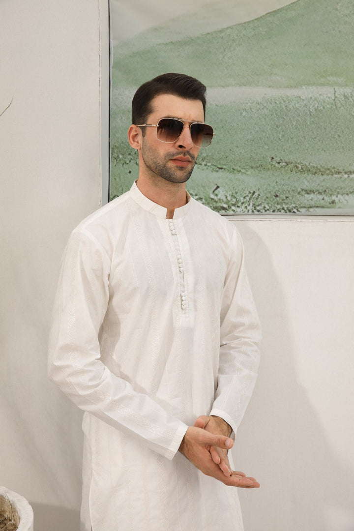 Muraqsh Ready To Wear Embroidered  Men Off White Cotton Embroidered Kurta Trouser Loop Buttons MUR-OWECK - Summer Collection