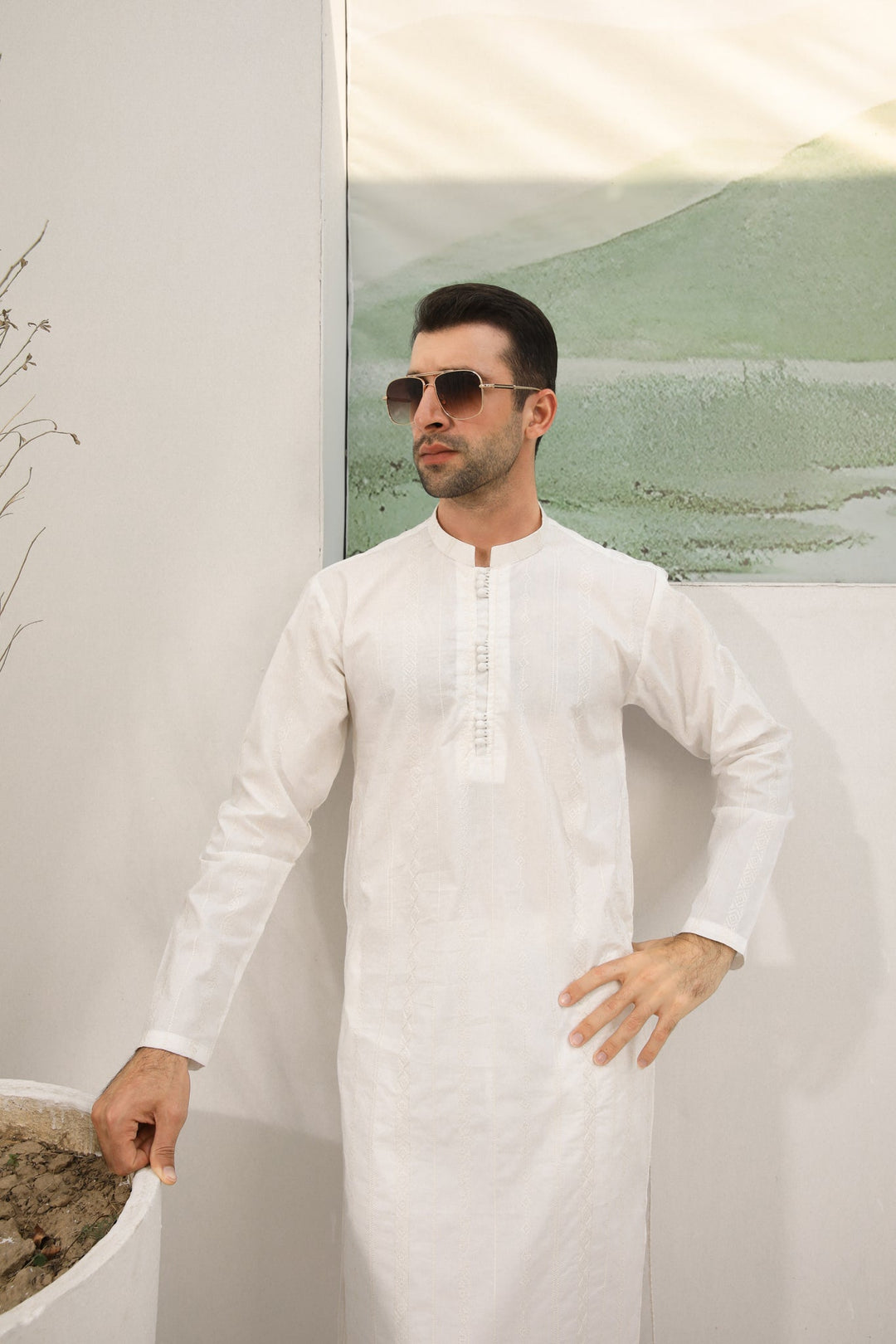 Muraqsh Ready To Wear Embroidered  Men Off White Cotton Embroidered Kurta Trouser Loop Buttons MUR-OWECK - Summer Collection