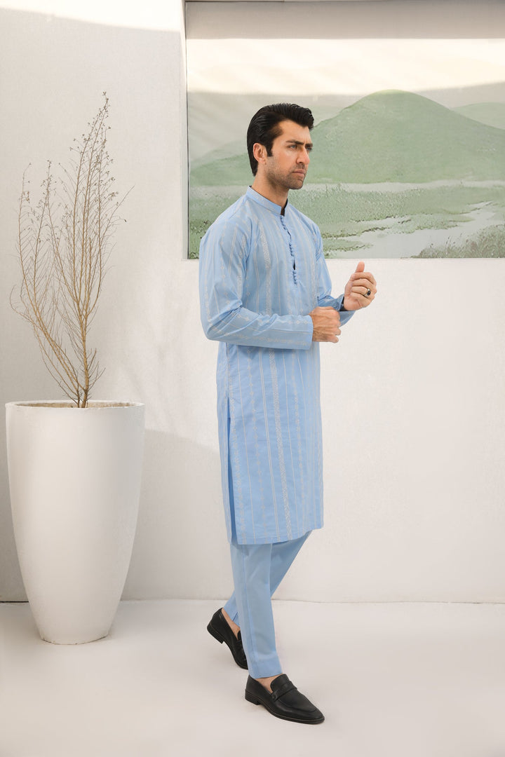 Muraqsh Ready To Wear   Men Sky Blue Cotton Embroidered Kurta Trouser MURBECK - Summer Collection