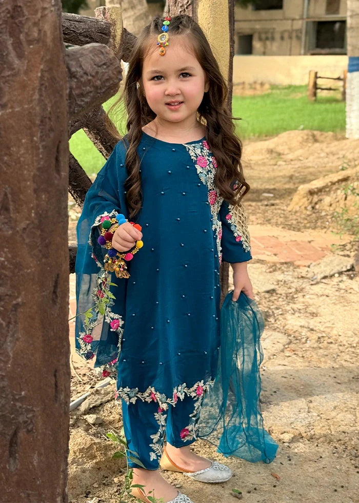 Modest Girls RTW Embroidered Chiffon 3 Piece Suit Blue Wedding Collection