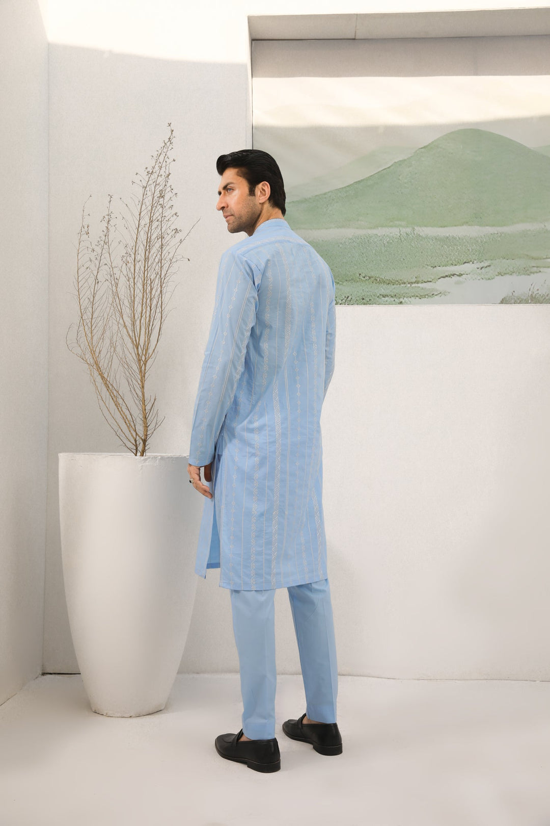 Muraqsh Ready To Wear   Men Sky Blue Cotton Embroidered Kurta Trouser MURBECK - Summer Collection