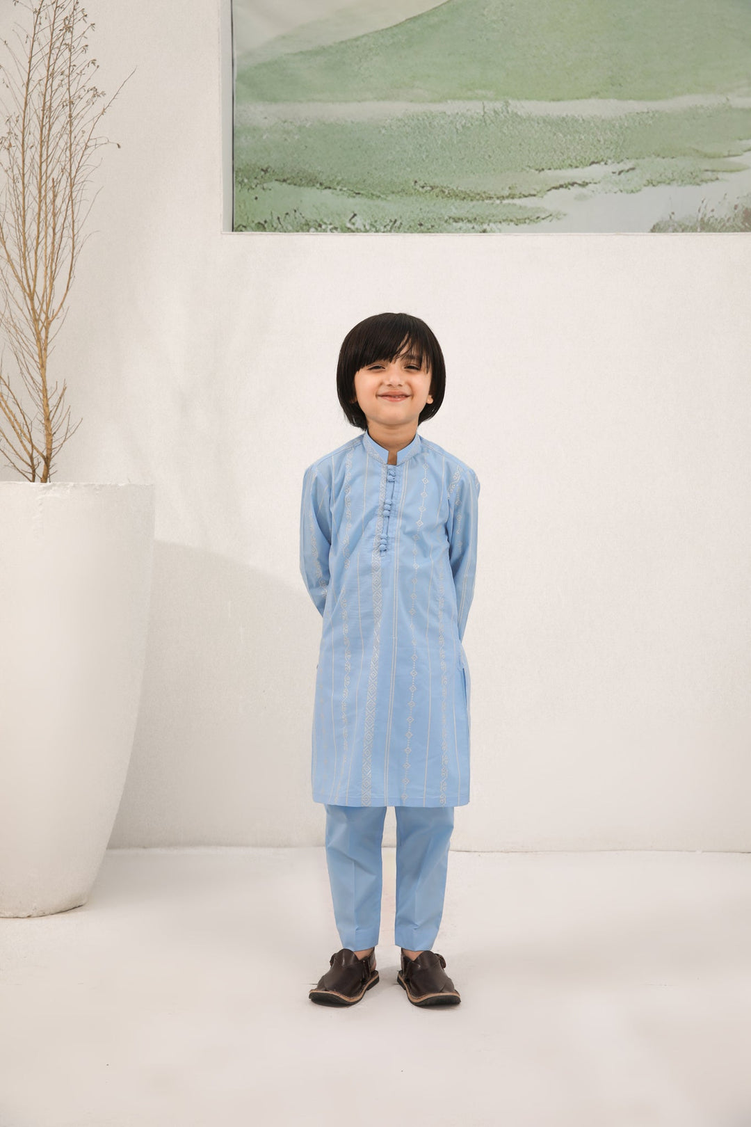 Muraqsh Ready To Wear   Boys Sky Blue Cotton Embroidered Kurta Trouser MURBECK - Summer Collection
