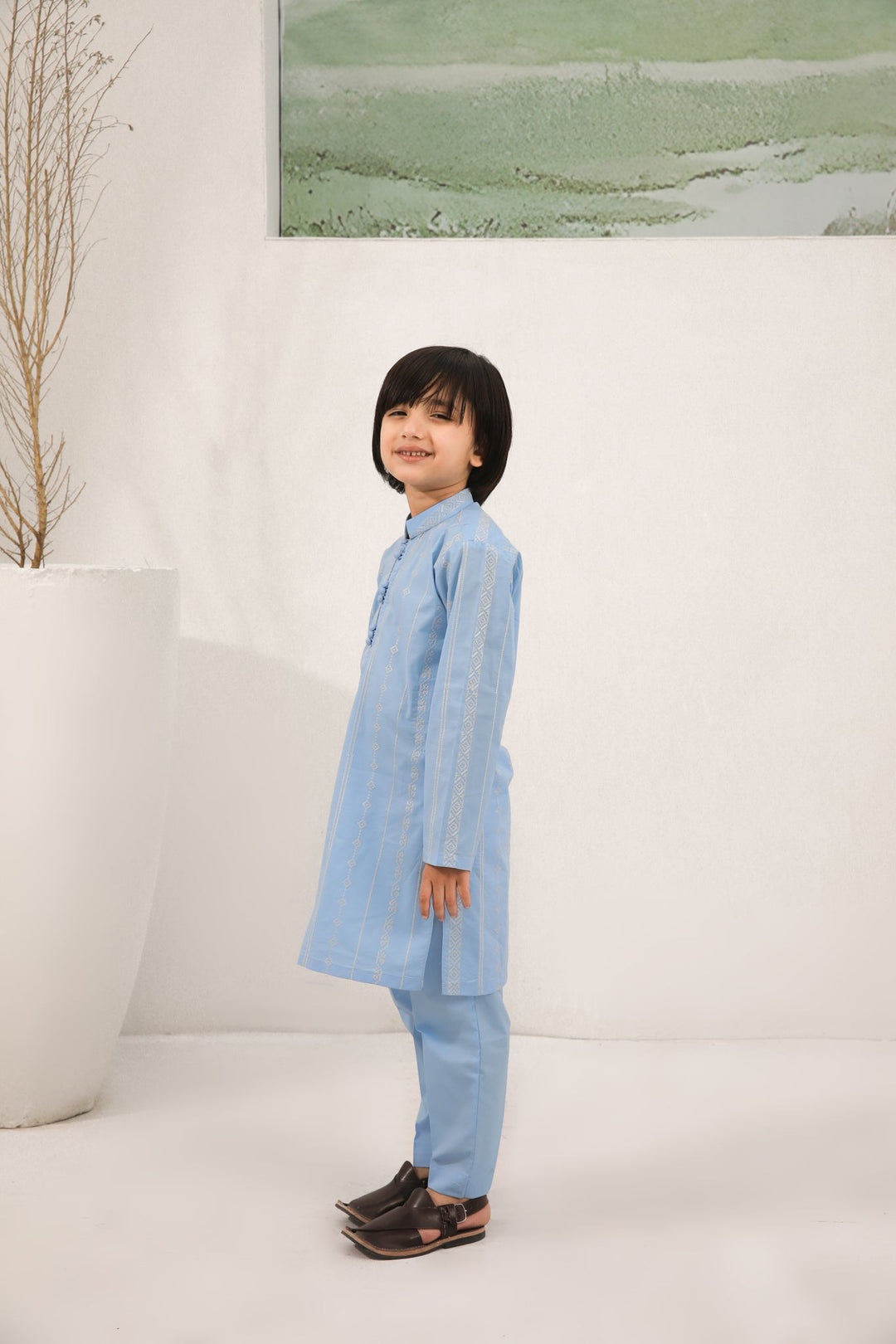 Muraqsh Ready To Wear   Boys Sky Blue Cotton Embroidered Kurta Trouser MURBECK - Summer Collection