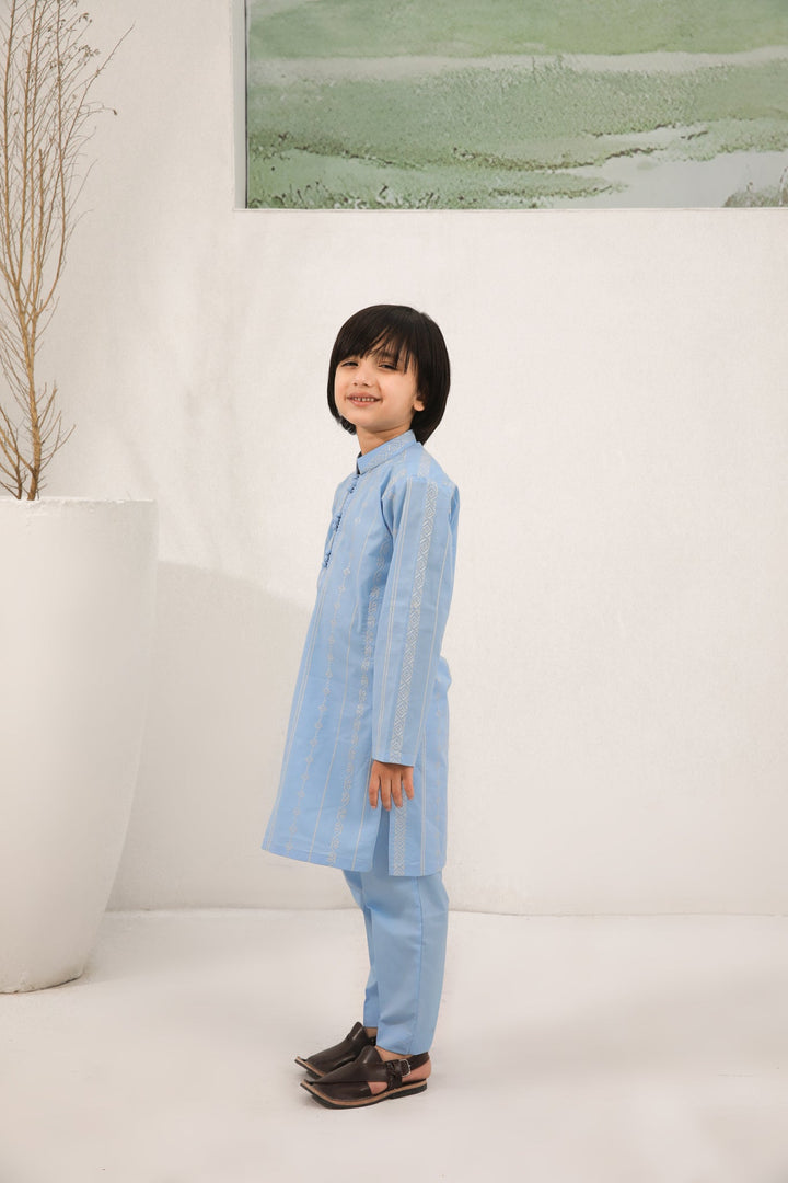 Muraqsh Ready To Wear   Boys Sky Blue Cotton Embroidered Kurta Trouser MURBECK - Summer Collection