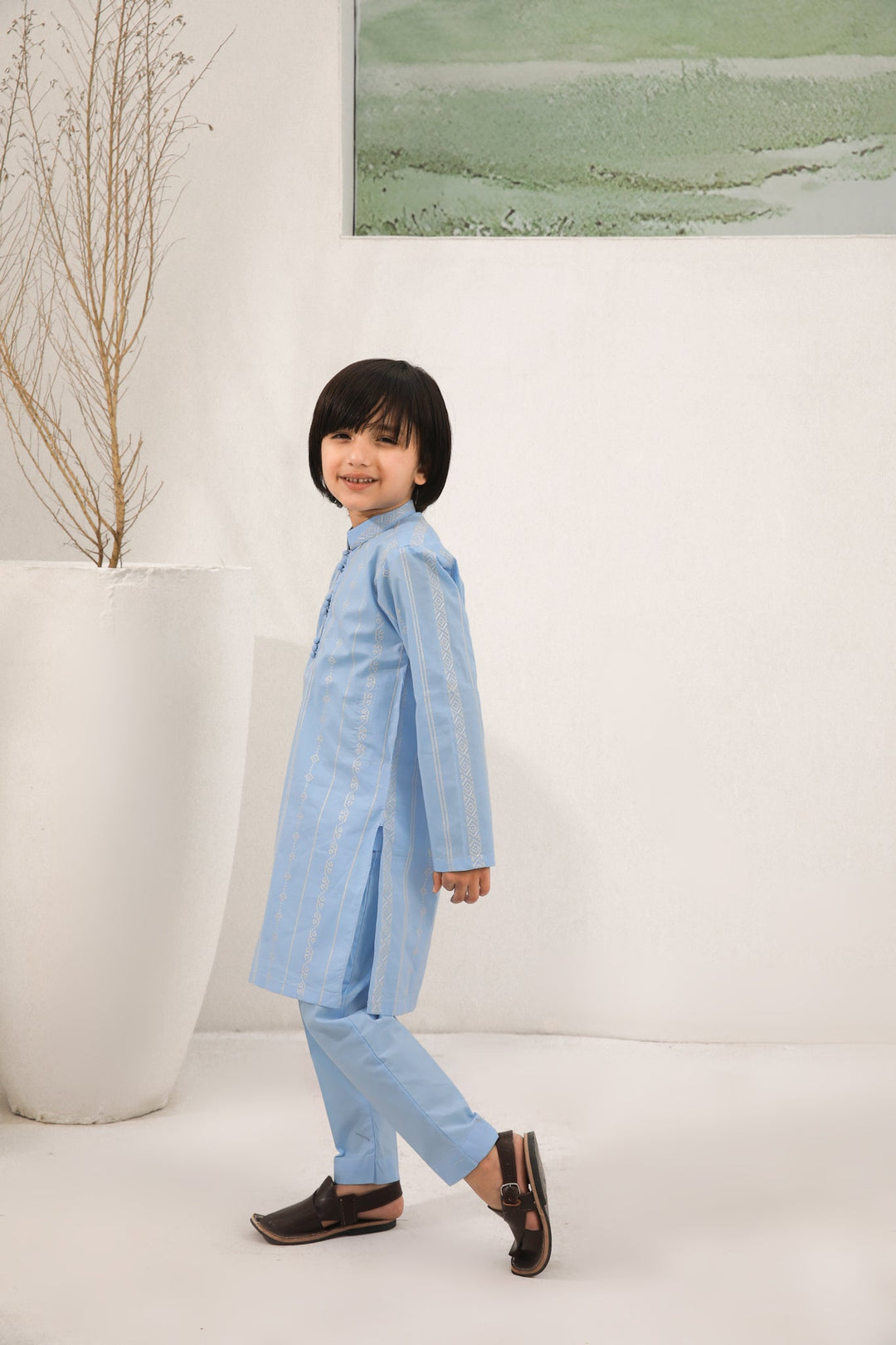 Muraqsh Ready To Wear   Boys Sky Blue Cotton Embroidered Kurta Trouser MURBECK - Summer Collection