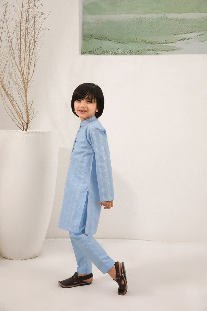 Muraqsh Ready To Wear   Boys Sky Blue Cotton Embroidered Kurta Trouser MURBECK - Summer Collection