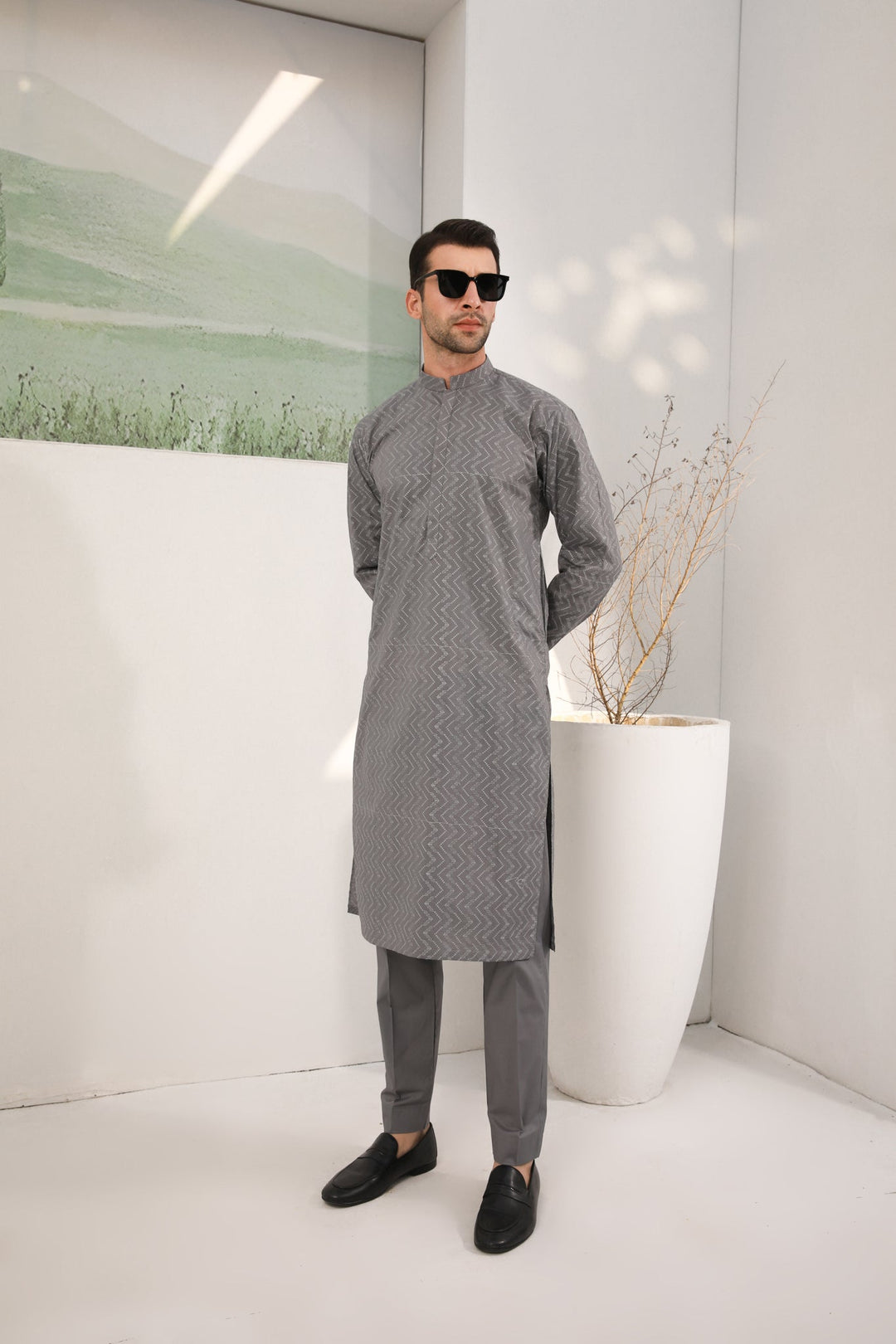Muraqsh Ready To Wear   Men Light Grey Cotton Embroidered Kurta Trouser MURGECK - Summer Collection