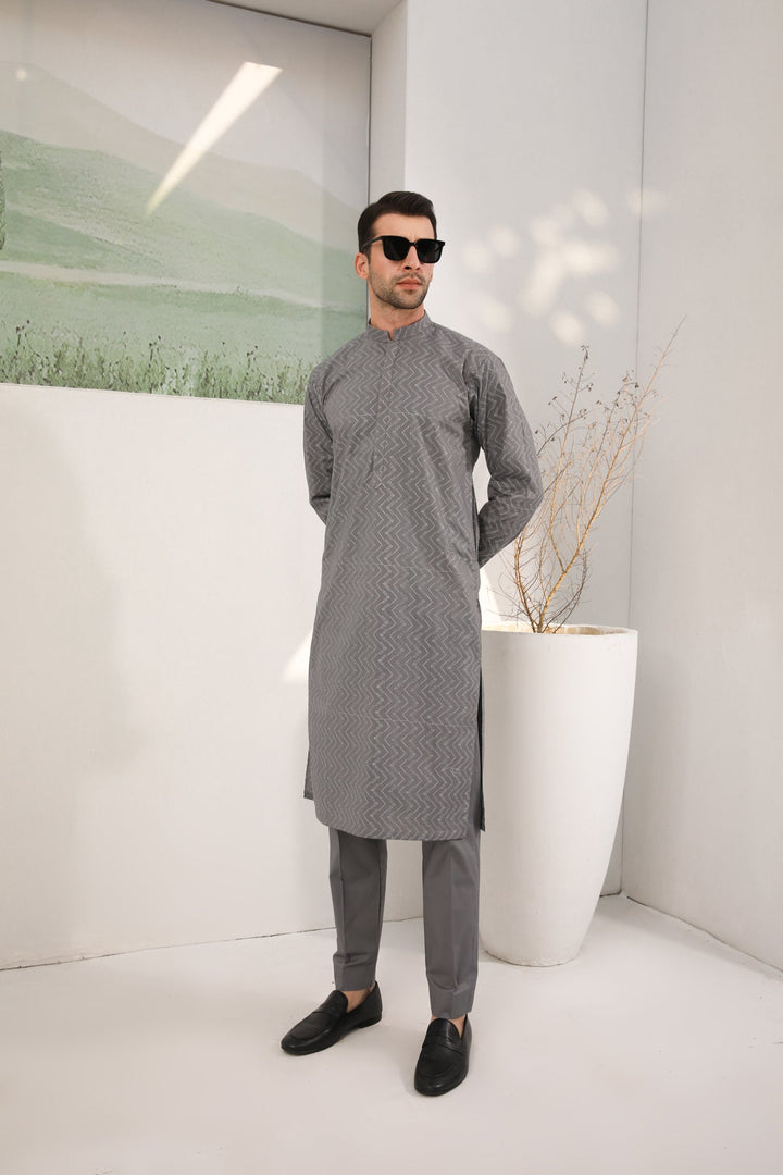 Muraqsh Ready To Wear   Men Light Grey Cotton Embroidered Kurta Trouser MURGECK - Summer Collection