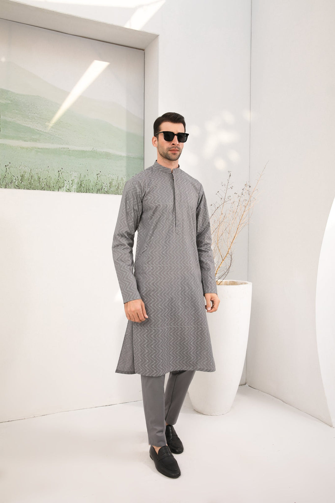 Muraqsh Ready To Wear   Men Light Grey Cotton Embroidered Kurta Trouser MURGECK - Summer Collection