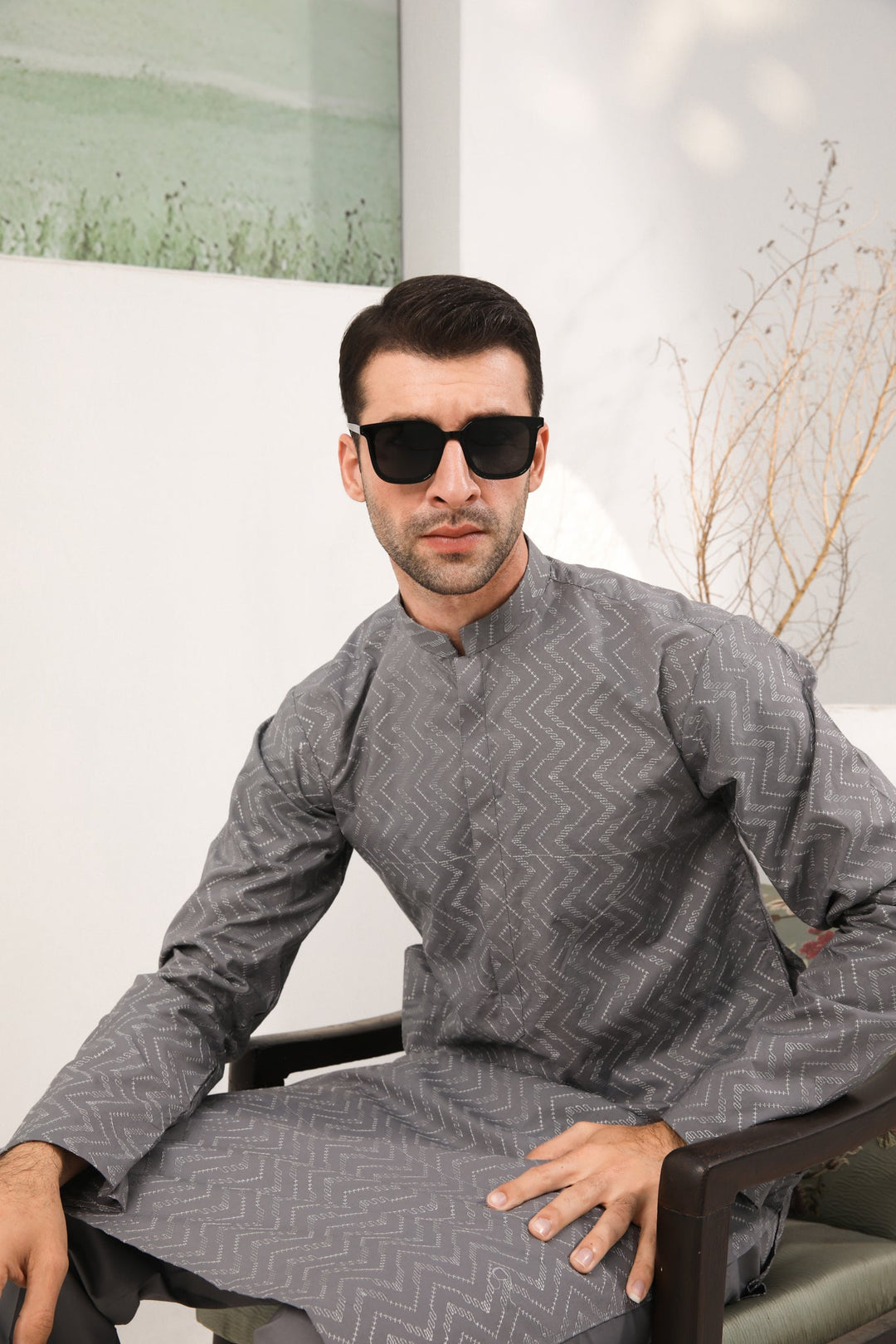 Muraqsh Ready To Wear   Men Light Grey Cotton Embroidered Kurta Trouser MURGECK - Summer Collection