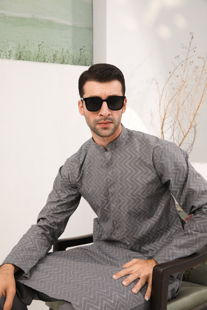 Muraqsh Ready To Wear   Men Light Grey Cotton Embroidered Kurta Trouser MURGECK - Summer Collection