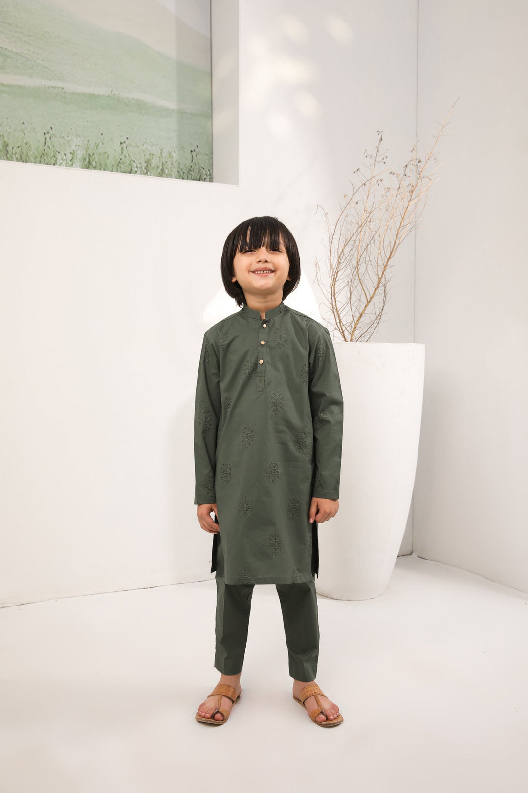 Muraqsh Ready To Wear Embroidered  Boys Army Green Cotton Embroidered Kurta Trouser MUR-AGECK - Summer Collection