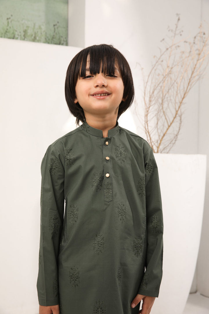 Muraqsh Ready To Wear Embroidered  Boys Army Green Cotton Embroidered Kurta Trouser MUR-AGECK - Summer Collection