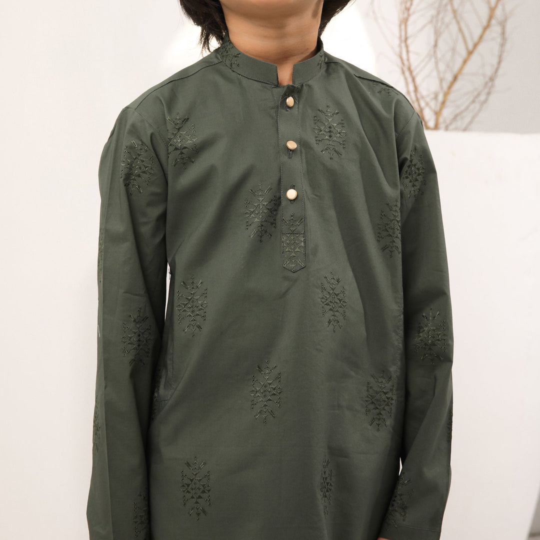 Muraqsh Ready To Wear Embroidered  Boys Army Green Cotton Embroidered Kurta Trouser MUR-AGECK - Summer Collection