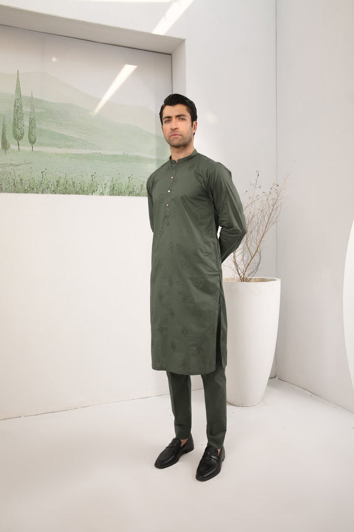 Muraqsh Ready To Wear Embroidered  Men Army Green Cotton Embroidered Kurta Trouser MUR-AGECK - Summer Collection