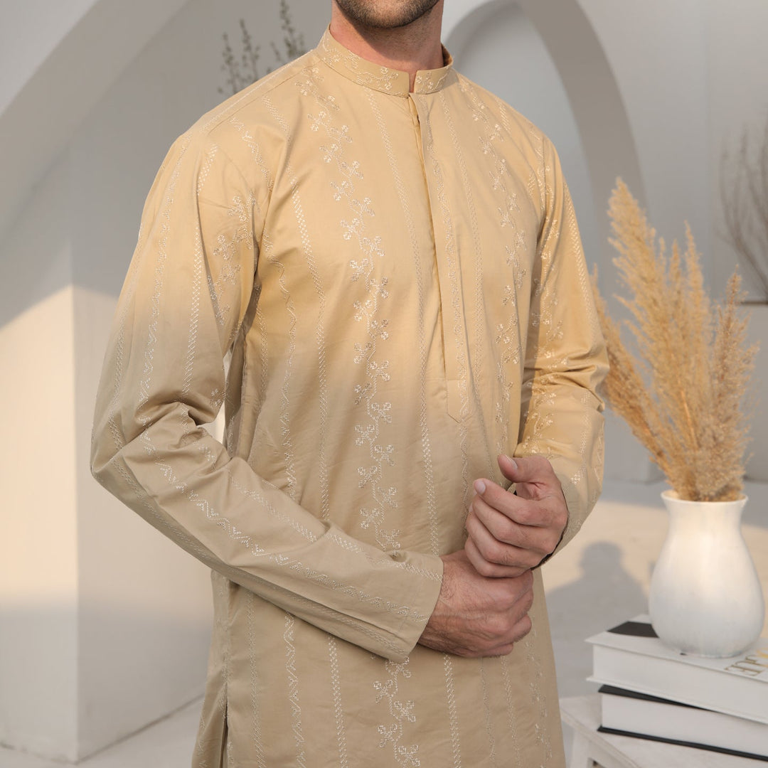 Muraqsh Ready To Wear   Men Ivory Skin Cotton Embroidered Kurta Trouser MUR-ISECK - Summer Collection