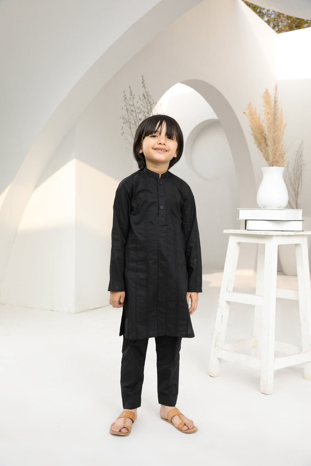 Muraqsh Ready To Wear   Boys Black Falling Cotton Embroidered Kurta Trouser MUR-BFECK - Summer Collection