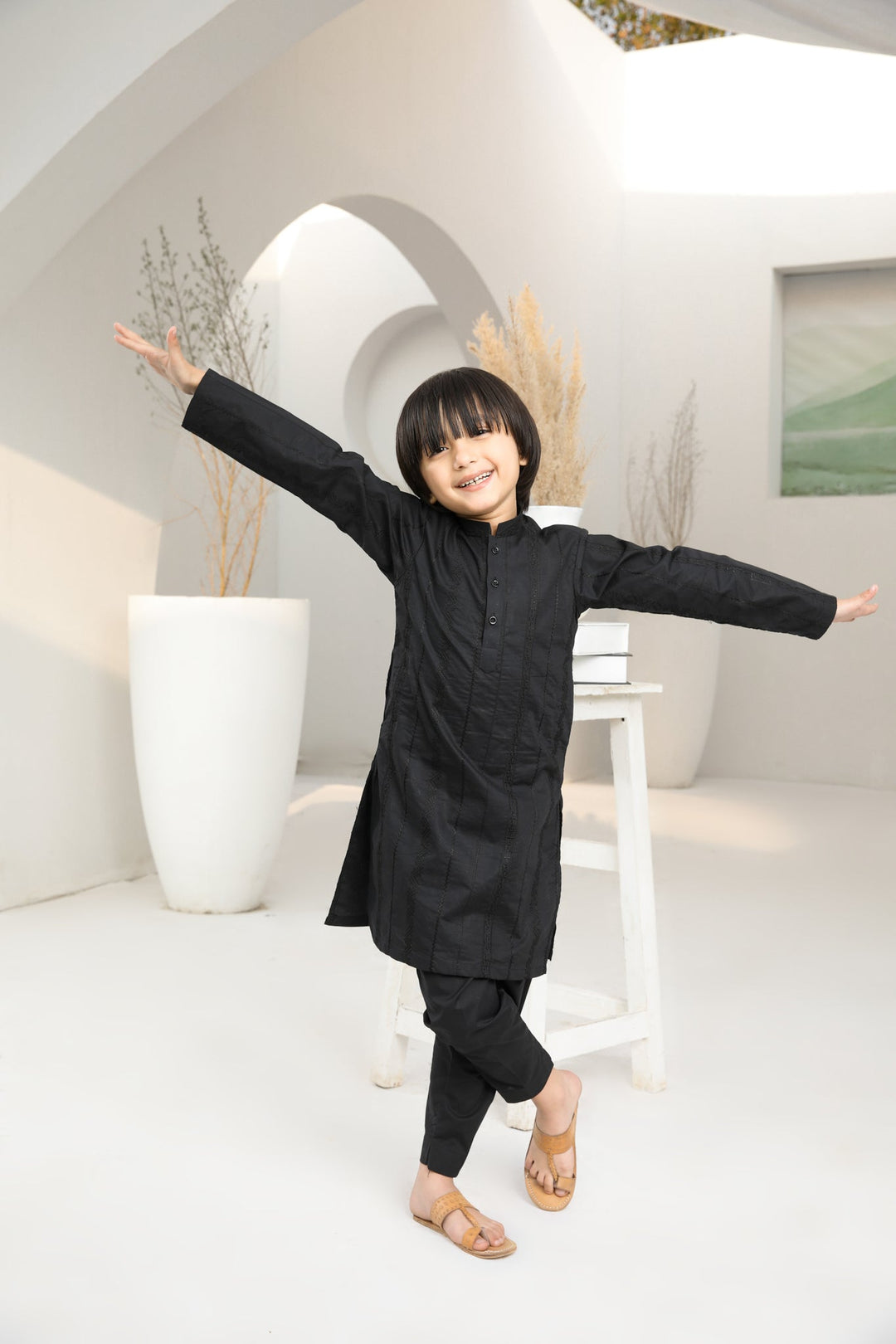 Muraqsh Ready To Wear   Boys Black Falling Cotton Embroidered Kurta Trouser MUR-BFECK - Summer Collection