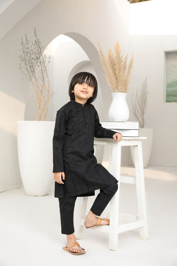 Muraqsh Ready To Wear   Boys Black Falling Cotton Embroidered Kurta Trouser MUR-BFECK - Summer Collection