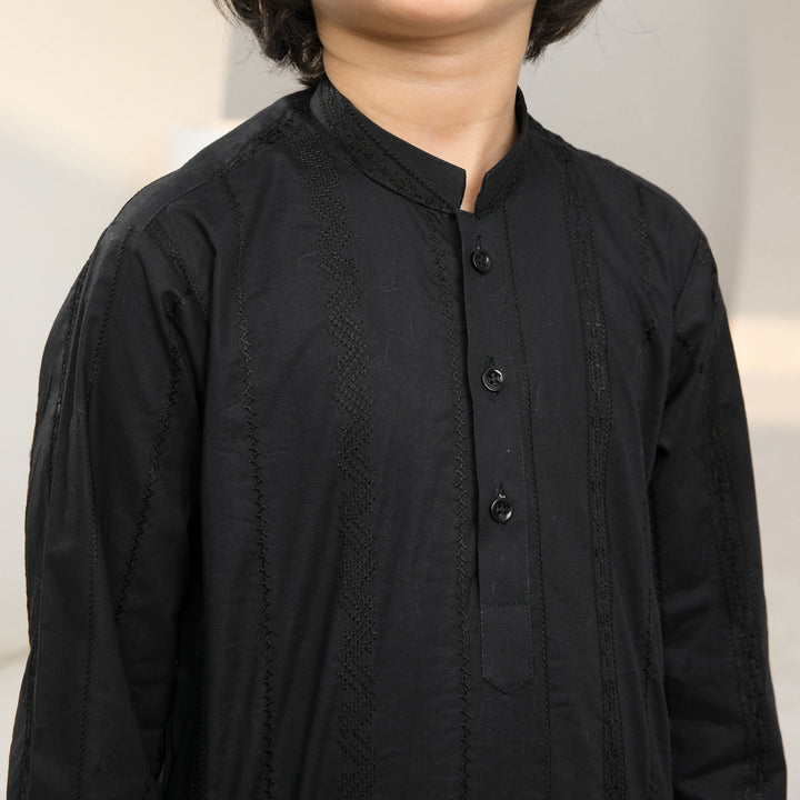 Muraqsh Ready To Wear   Boys Black Falling Cotton Embroidered Kurta Trouser MUR-BFECK - Summer Collection