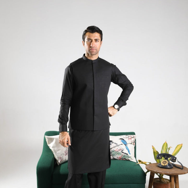 Muraqsh Ready To Wear Solids  Men Black Soft Cotton Waistcoat MUR-BSCW - Summer Collection