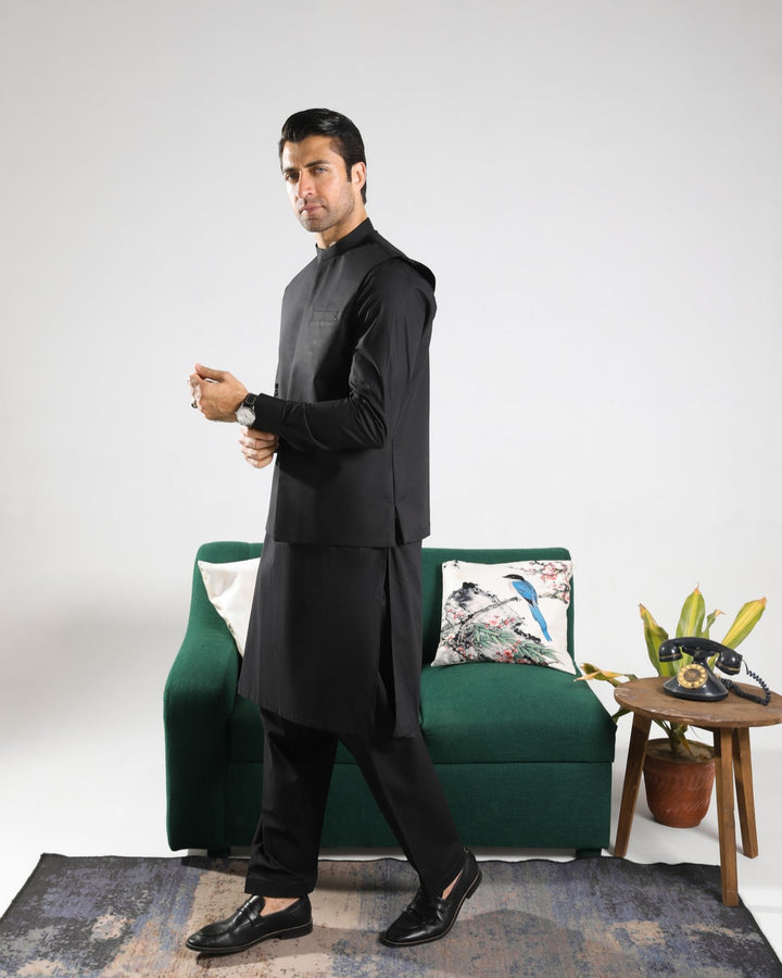 Muraqsh Ready To Wear Solids  Men Black Soft Cotton Kurta Shalwar with Waistcoat MUR-BCKS - Summer Collection
