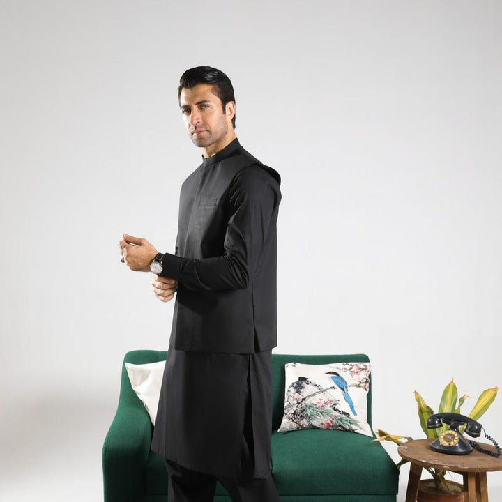 Muraqsh Ready To Wear Solids  Men Black Soft Cotton Waistcoat MUR-BSCW - Summer Collection