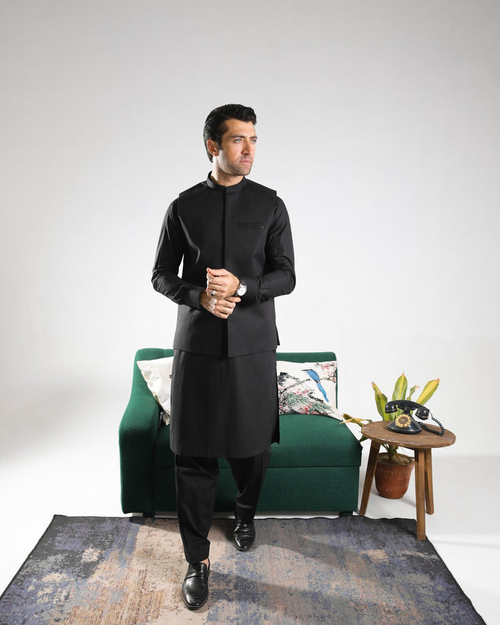 Muraqsh Ready To Wear Solids  Men Black Soft Cotton Kurta Shalwar with Waistcoat MUR-BCKS - Summer Collection