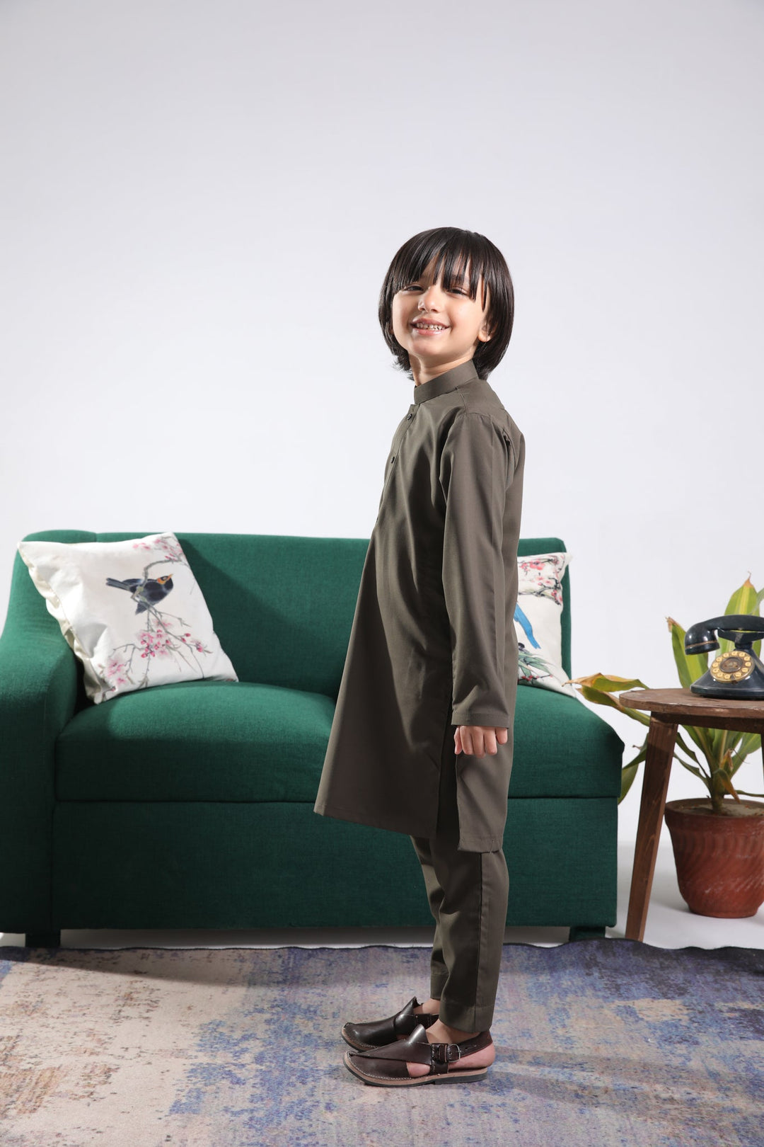 Muraqsh Ready To Wear Solids Cotton Boys Olive Green Blended Kurta Trouser MUR-OGKT - Summer Collection