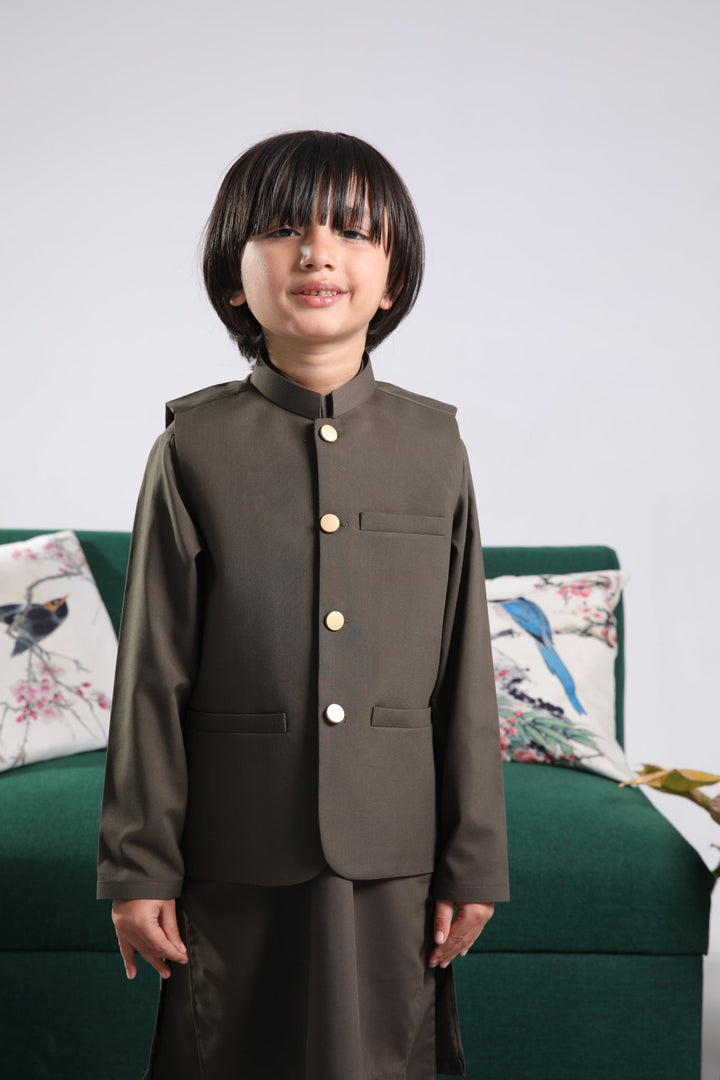 Muraqsh Ready To Wear Solids Cotton Boys Olive Green Kurta Trouser with Blended Waistcoat Round Cut Buttoned MUR-OGKTW - Summer Collection