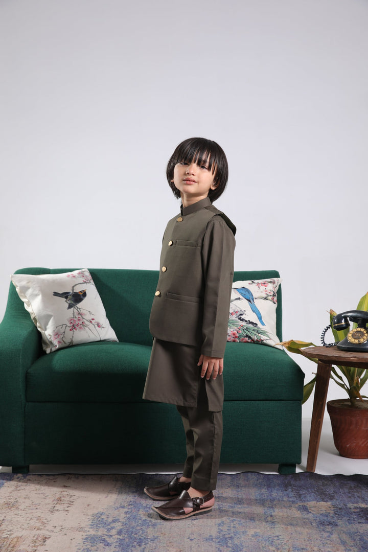 Muraqsh Ready To Wear Solids Cotton Boys Olive Green Kurta Trouser with Blended Waistcoat Round Cut Buttoned MUR-OGKTW - Summer Collection