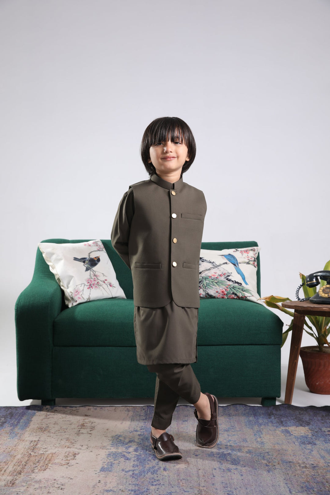 Muraqsh Ready To Wear Solids Cotton Boys Olive Green Kurta Trouser with Blended Waistcoat Round Cut Buttoned MUR-OGKTW - Summer Collection