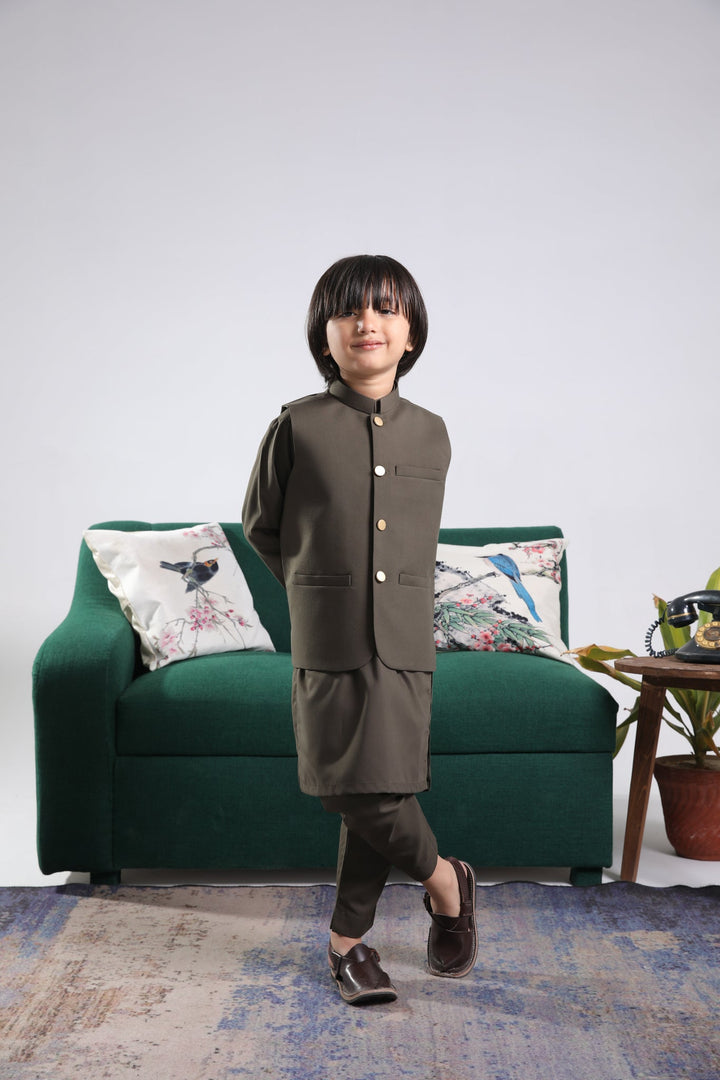 Muraqsh Ready To Wear Solids Cotton Boys Olive Green Kurta Trouser with Blended Waistcoat Round Cut Buttoned MUR-OGKTW - Summer Collection