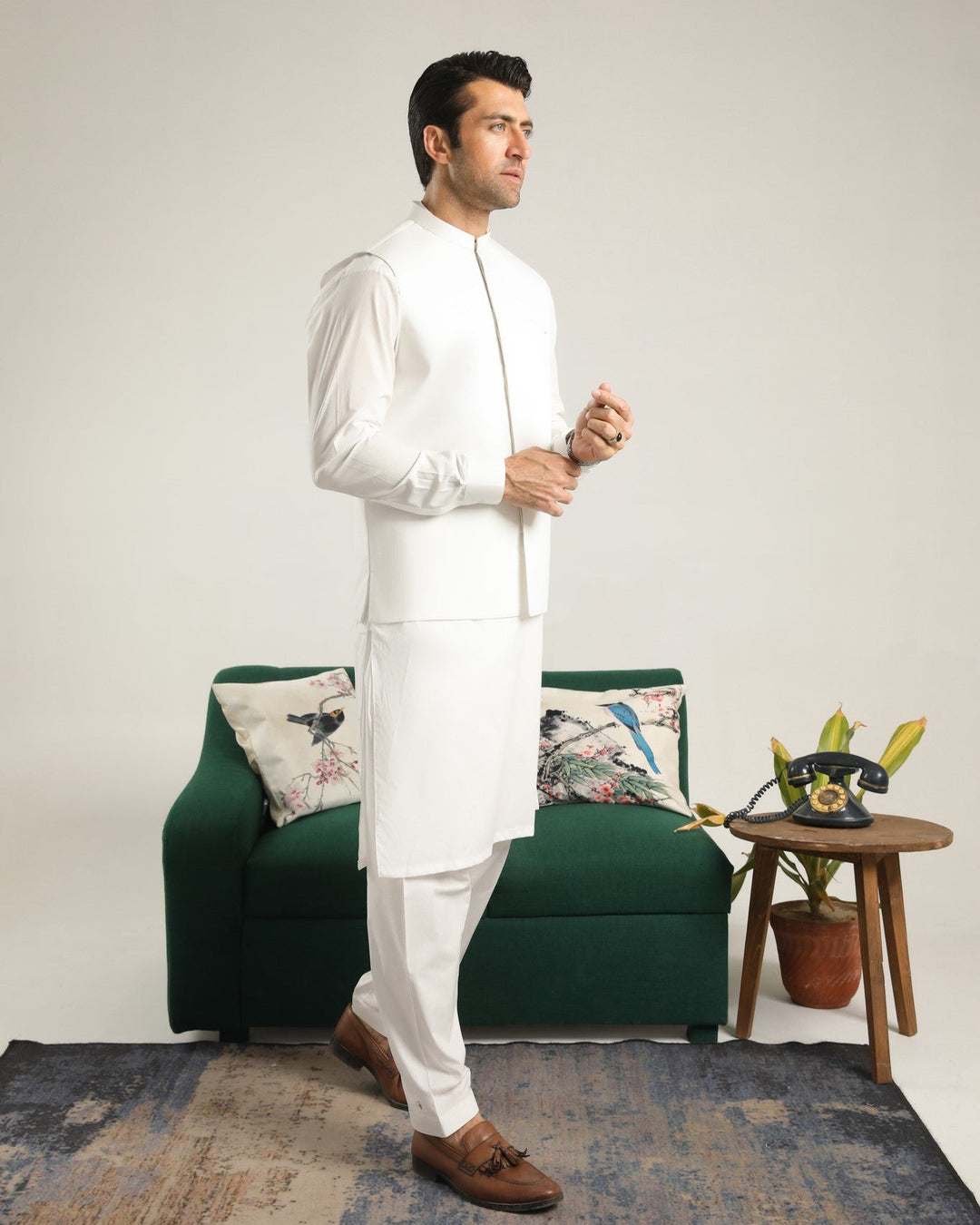 Muraqsh Ready To Wear Solids  Men Off White Soft Cotton Kurta Shalwar with Waistcoat MUR-OWCKS - Summer Collection
