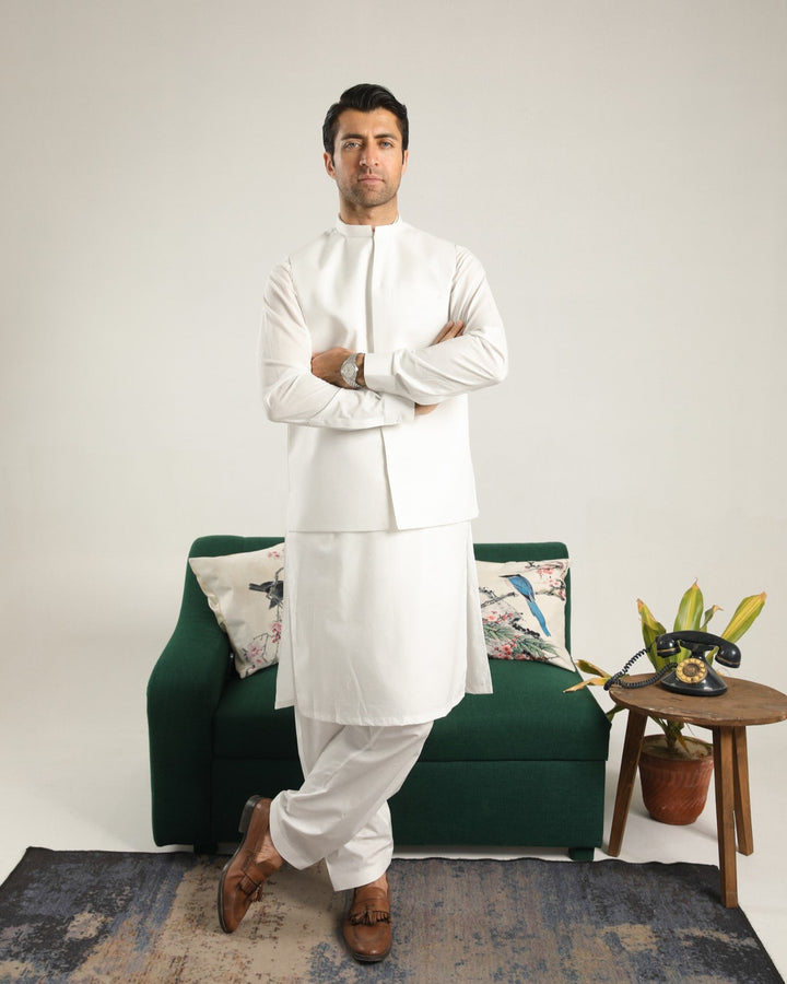Muraqsh Ready To Wear Solids  Men Off White Soft Cotton Kurta Shalwar with Waistcoat MUR-OWCKS - Summer Collection