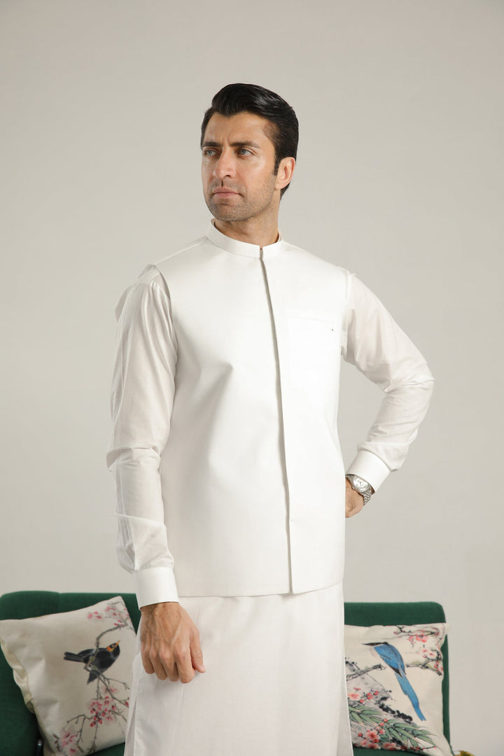 Muraqsh Ready To Wear Solids  Men Off White Soft Cotton Kurta Shalwar with Waistcoat MUR-OWCKS - Summer Collection