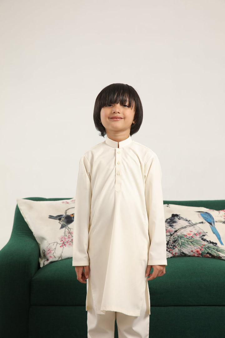 Muraqsh Ready To Wear Solids  Boys Bosky White Blended Kurta Trouser MUR-BWKT - Summer Collection
