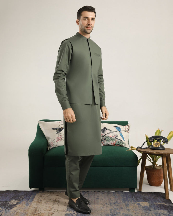Muraqsh Ready To Wear Solids  Men Army Green Soft Cotton Waistcoat MUR-AGSCW - Summer Collection