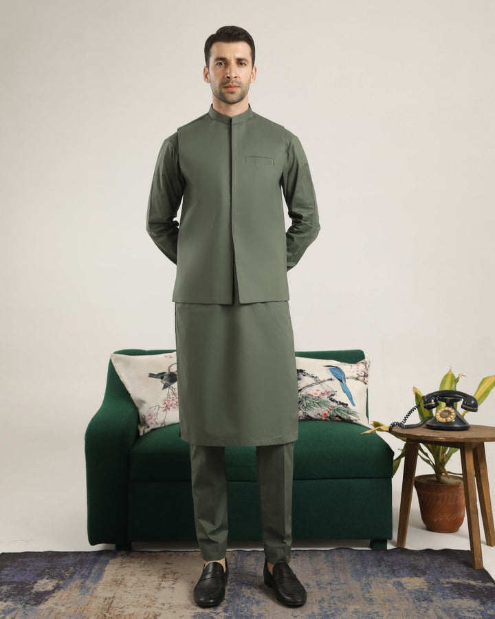 Muraqsh Ready To Wear Solids  Men Army Green Soft Cotton Kurta Trouser with Waistcoat MUR-AGCKT - Summer Collection