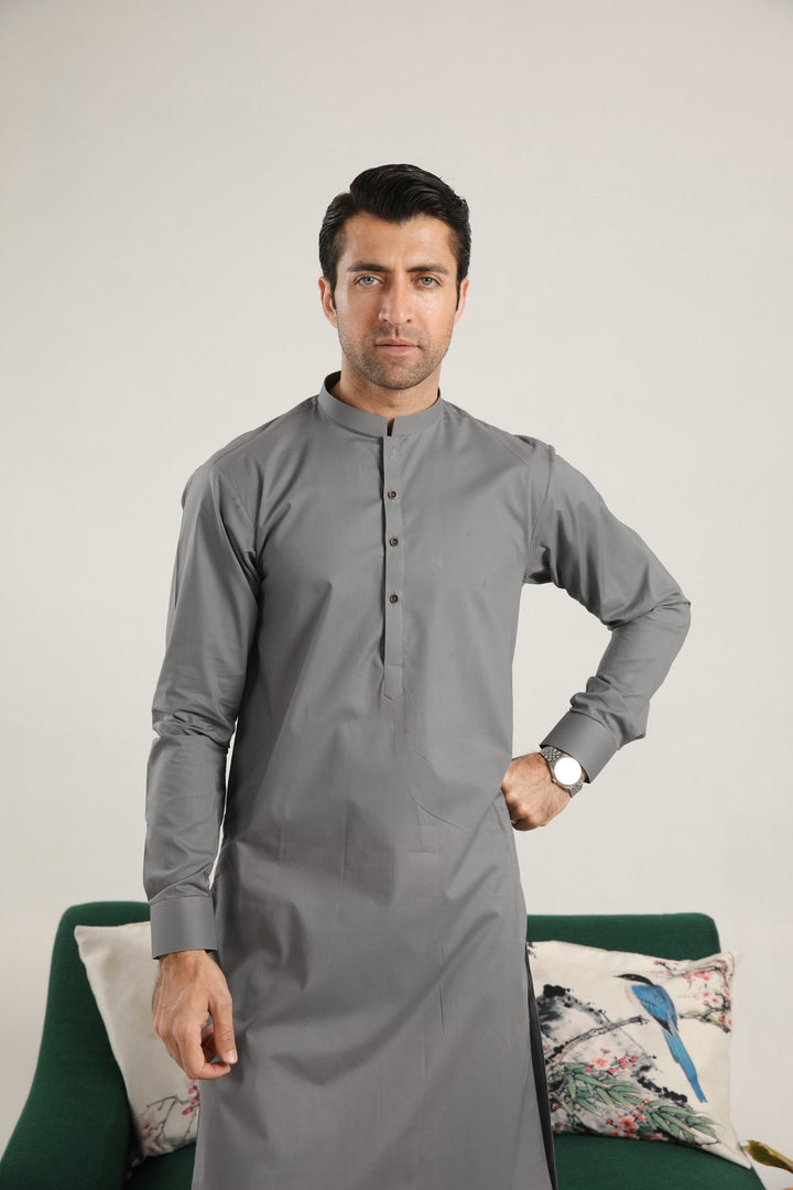 Muraqsh Ready To Wear Solids  Men Light Grey Soft Cotton Kurta Trouser MURGCKT - Summer Collection
