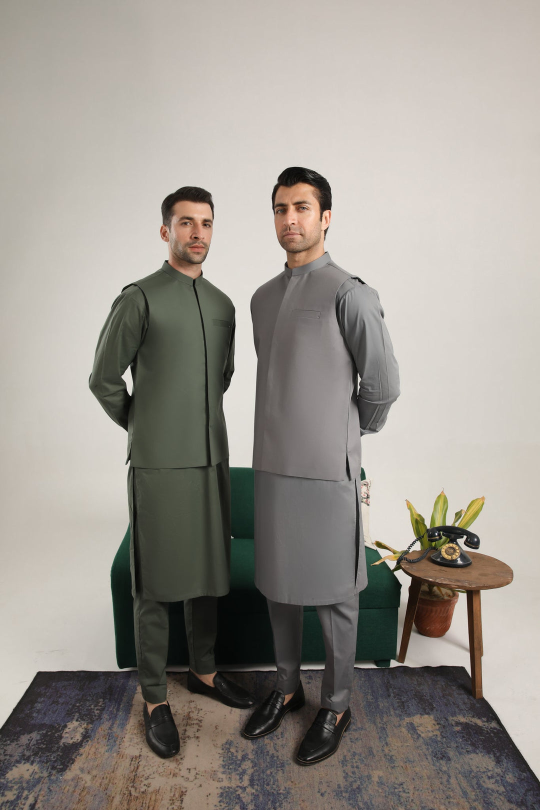 Muraqsh Ready To Wear Solids  Men Army Green Soft Cotton Kurta Trouser with Waistcoat MUR-AGCKT - Summer Collection