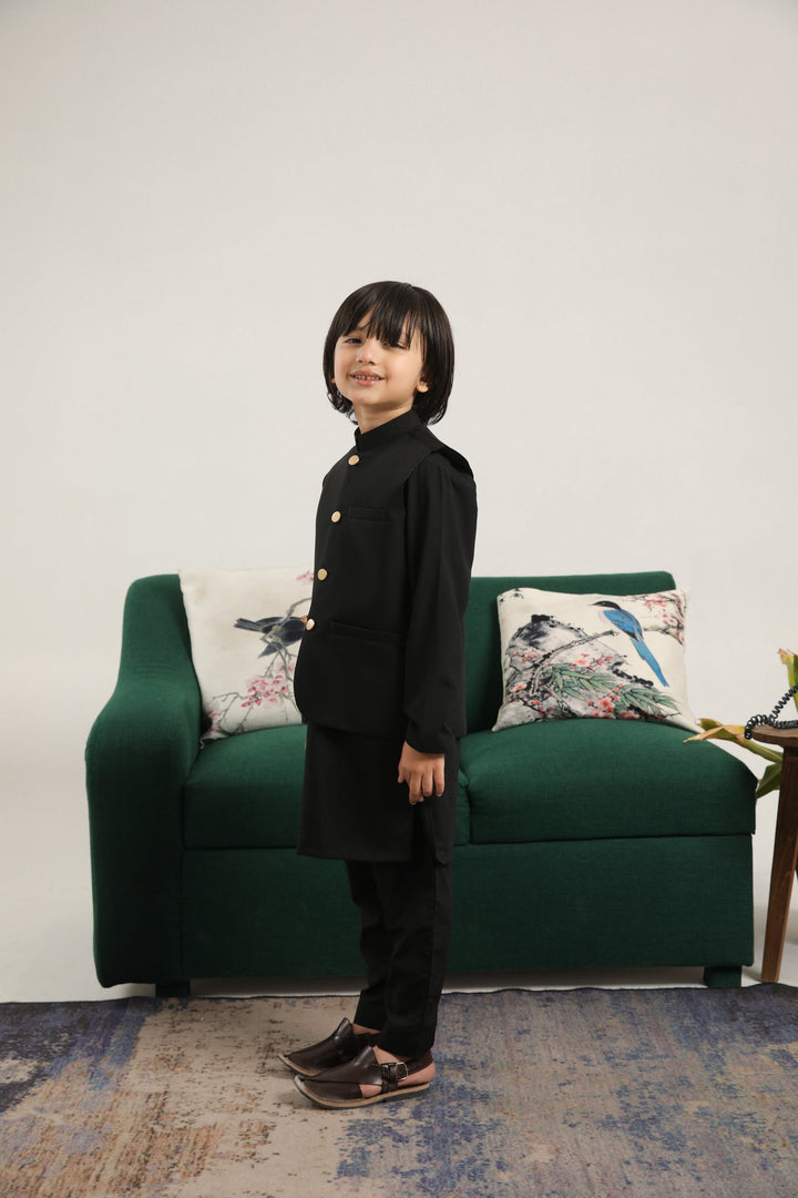 Muraqsh Ready To Wear Solids Cotton Boys Black Kurta Trouser with Blended Waistcoat Round Cut Buttoned MUR-BKTWB - Summer Collection