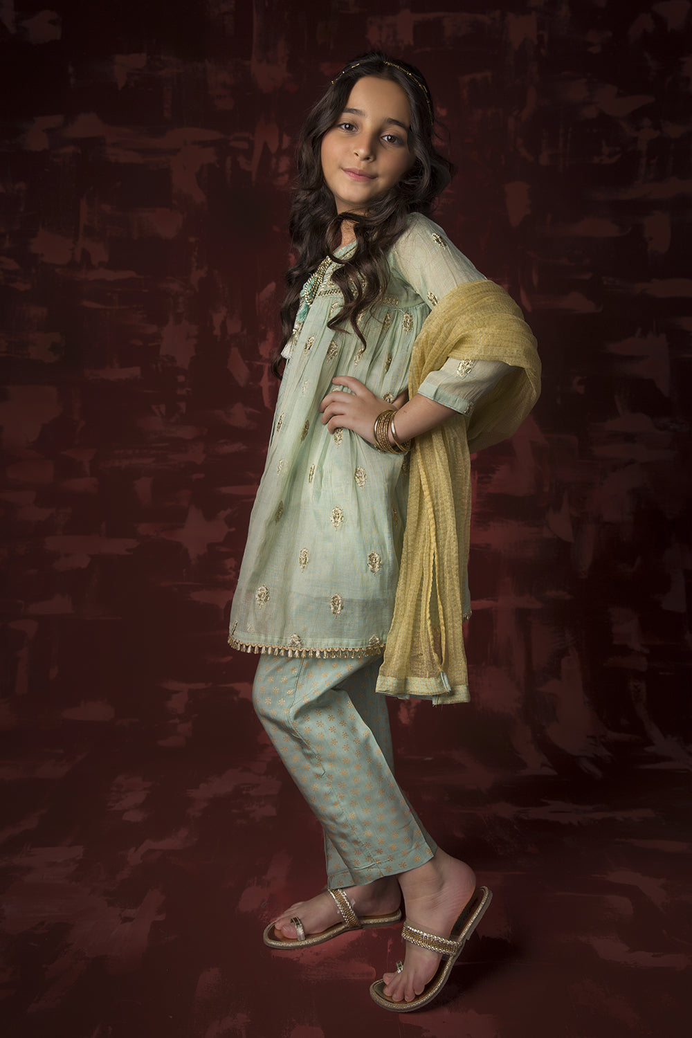 Senorita Kids RTW Kids formal clothes Green and Gold Formal 3 Piece Suit Banarsi Masuri KDD-03158 - Summer Collection