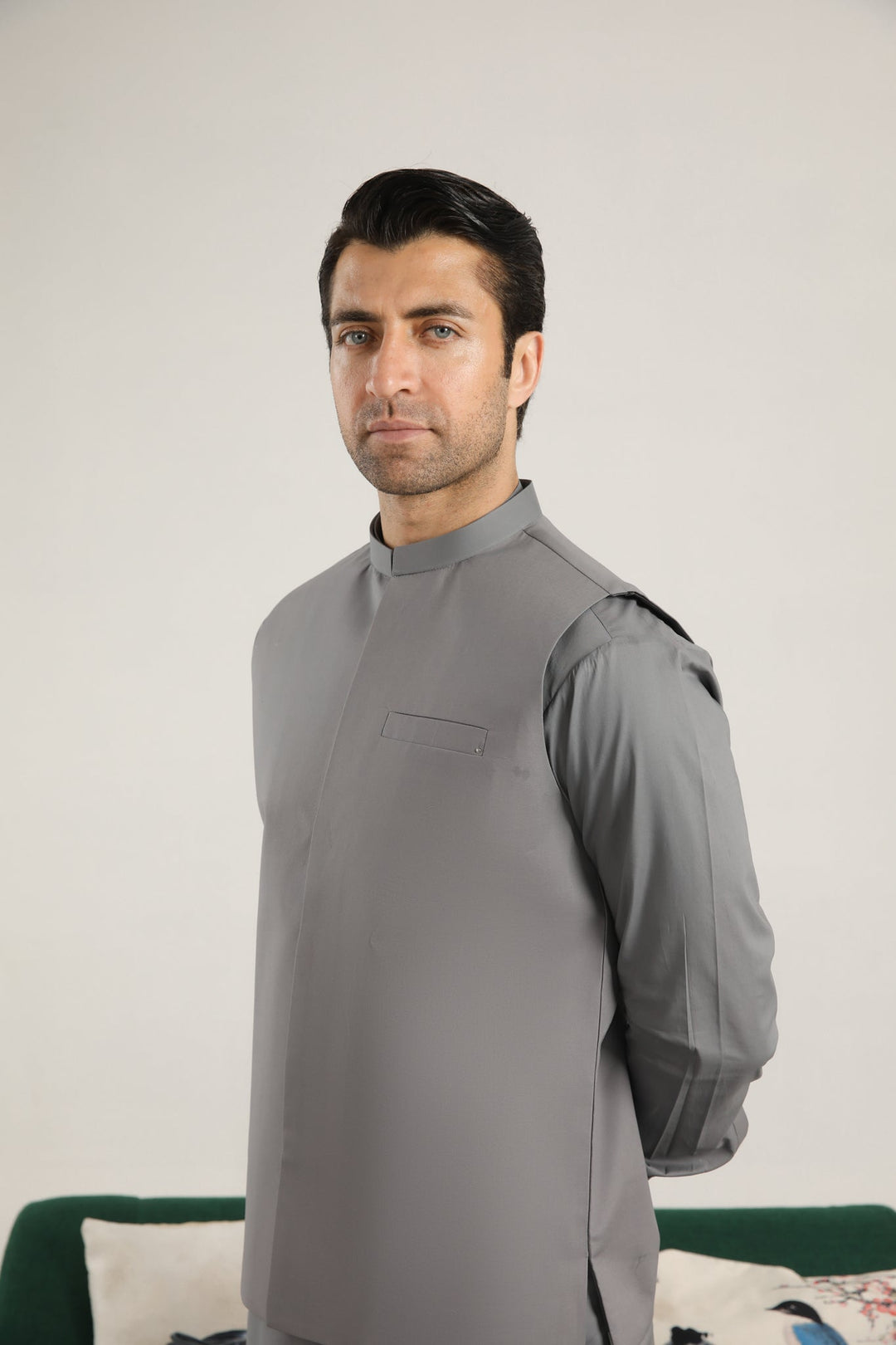 Muraqsh Ready To Wear Solids  Men Light Grey Soft Cotton Kurta Trouser with Waistcoat MURGCKT - Summer Collection