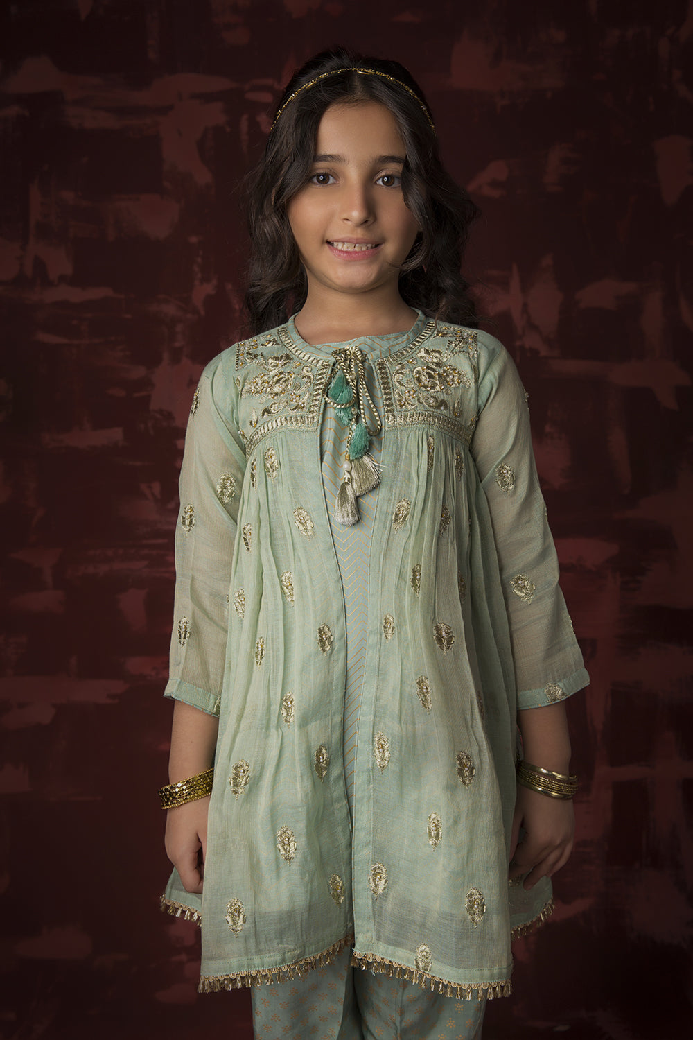Senorita Kids RTW Kids formal clothes Green and Gold Formal 3 Piece Suit Banarsi Masuri KDD-03158 - Summer Collection