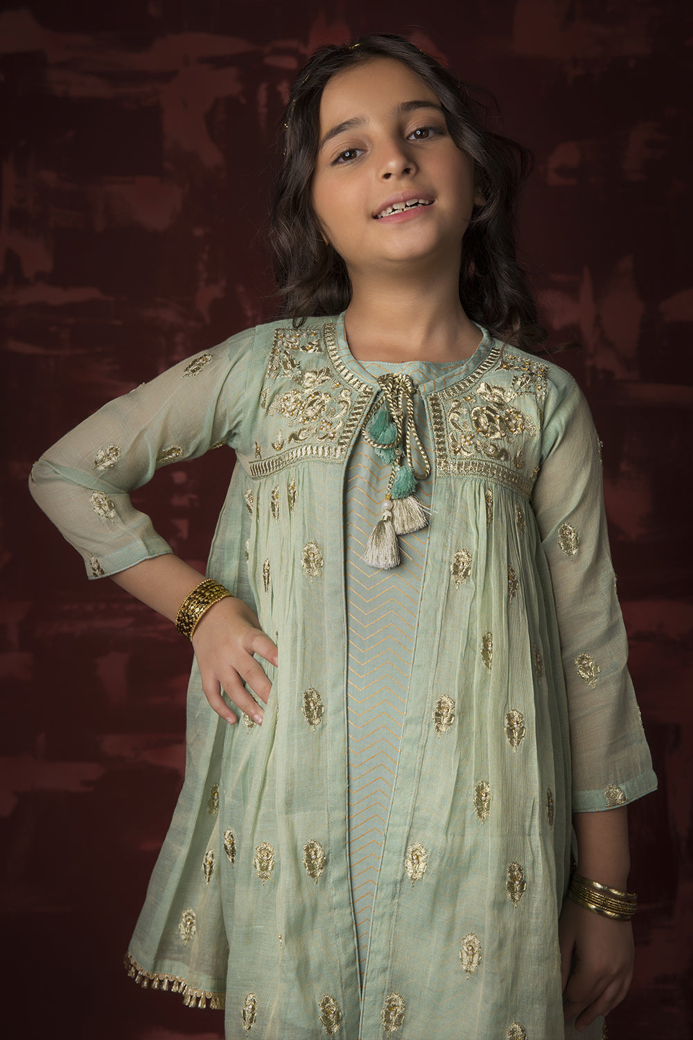 Senorita Kids RTW Kids formal clothes Green and Gold Formal 3 Piece Suit Banarsi Masuri KDD-03158 - Summer Collection