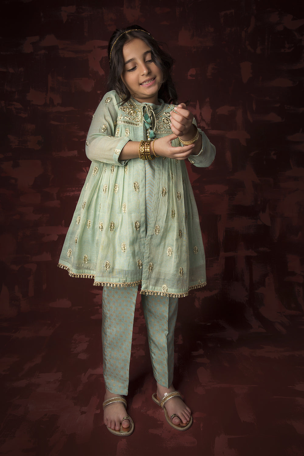 Senorita Kids RTW Kids formal clothes Green and Gold Formal 3 Piece Suit Banarsi Masuri KDD-03158 - Summer Collection